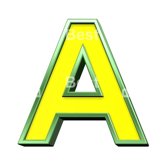 One letter from yellow with shiny green frame alphabet set, isolated on white. 