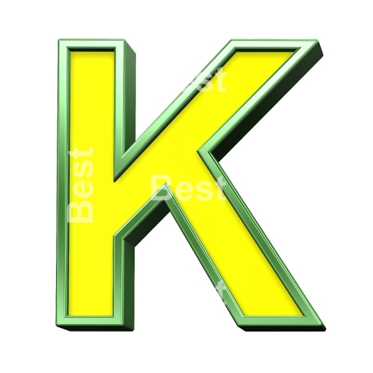 One letter from yellow with shiny green frame alphabet set, isolated on white. 