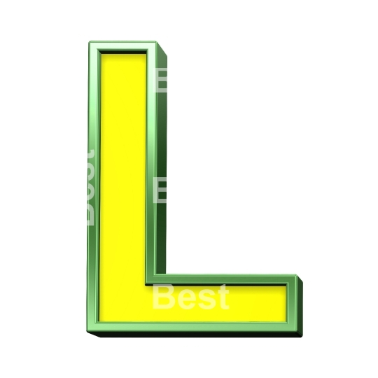 One letter from yellow with shiny green frame alphabet set, isolated on white. 