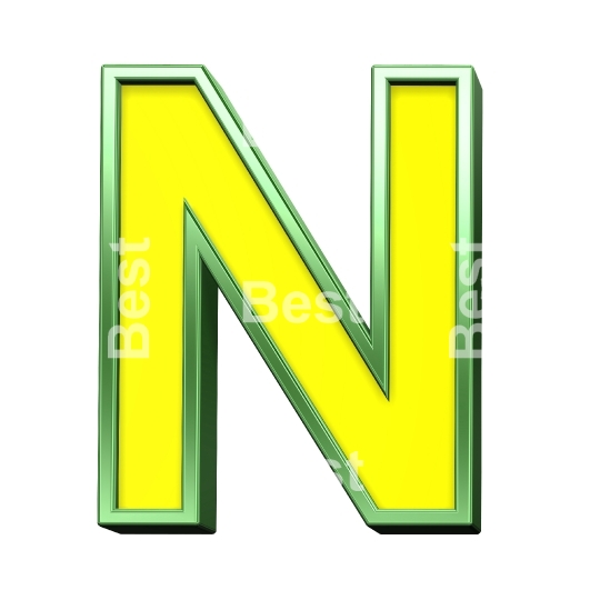 One letter from yellow with shiny green frame alphabet set, isolated on white. 