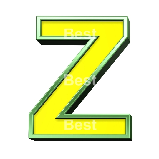One letter from yellow with shiny green frame alphabet set, isolated on white. 
