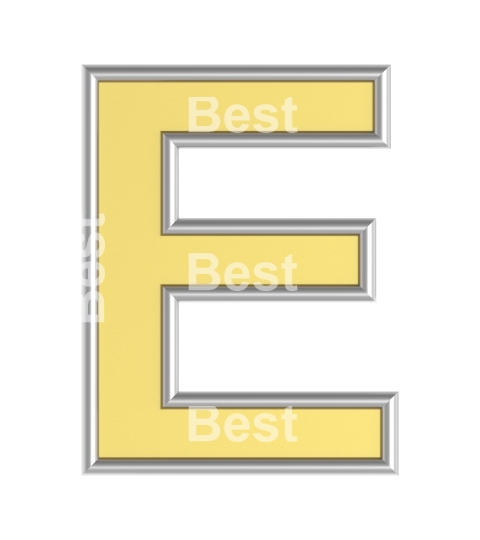 One letter from yellow with silver shiny frame alphabet set, isolated on white