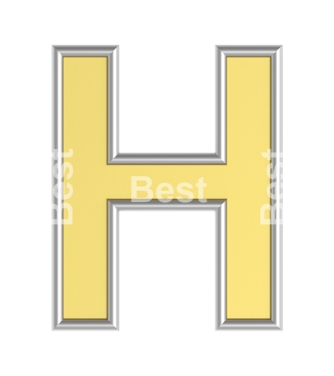 One letter from yellow with silver shiny frame alphabet set, isolated on white