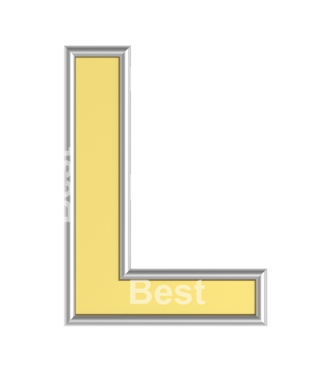 One letter from yellow with silver shiny frame alphabet set, isolated on white