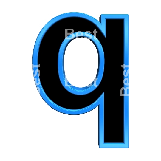 One lower case letter from black glass with blue frame alphabet set, isolated on white. 