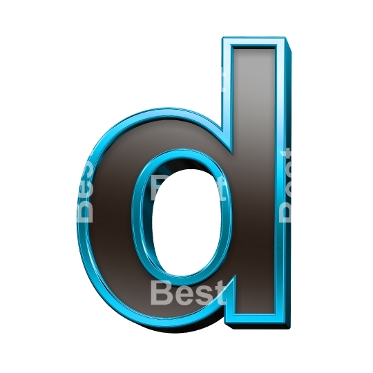 One lower case letter from black glass with blue frame alphabet set, isolated on white.