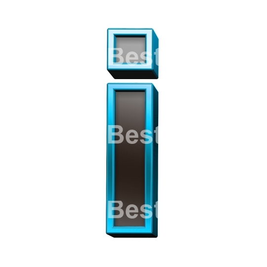 One lower case letter from black glass with blue frame alphabet set, isolated on white.