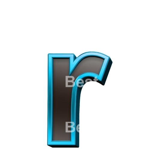One lower case letter from black glass with blue frame alphabet set, isolated on white.