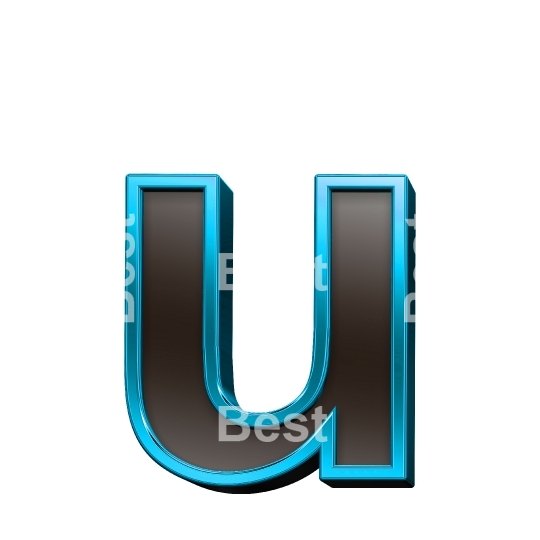One lower case letter from black glass with blue frame alphabet set, isolated on white.