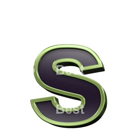 One lower case letter from black glass with green frame alphabet set, isolated on white.