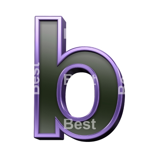 One lower case letter from black glass with purple frame alphabet set, isolated on white.
