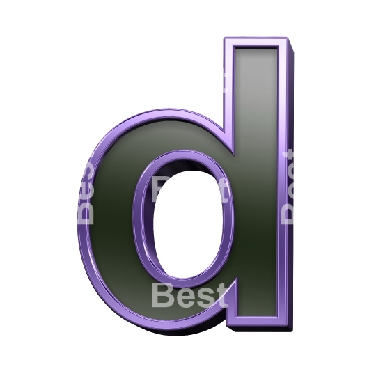 One lower case letter from black glass with purple frame alphabet set, isolated on white.