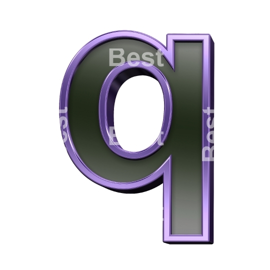 One lower case letter from black glass with purple frame alphabet set, isolated on white.