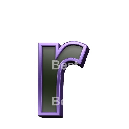 One lower case letter from black glass with purple frame alphabet set, isolated on white.