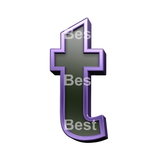 One lower case letter from black glass with purple frame alphabet set, isolated on white.