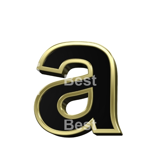 One lower case letter from black with gold frame alphabet set, isolated on white. 