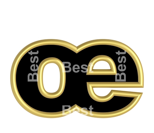 One lower case letter from black with gold shiny frame alphabet set, isolated on white