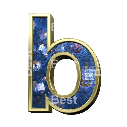 One lower case letter from blue fractal with gold frame alphabet set, isolated on white.