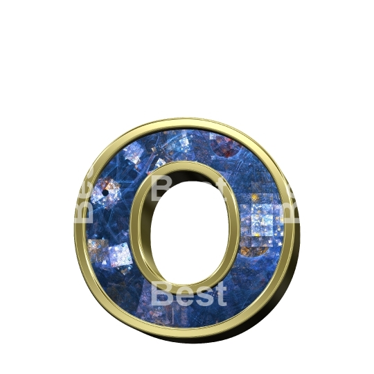 One lower case letter from blue fractal with gold frame alphabet set, isolated on white.