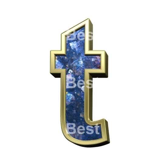 One lower case letter from blue fractal with gold frame alphabet set, isolated on white.