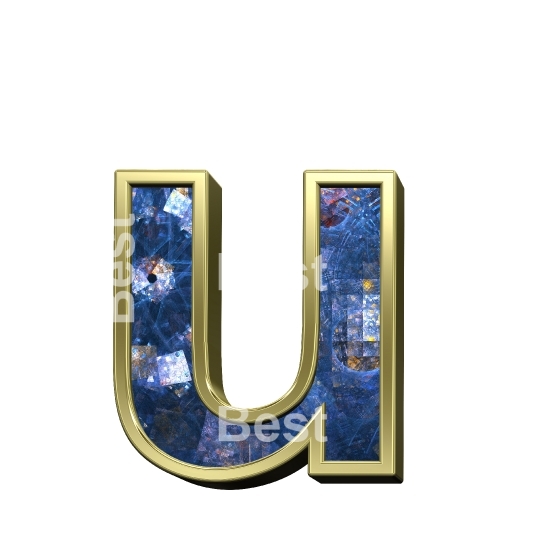 One lower case letter from blue fractal with gold frame alphabet set, isolated on white.