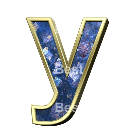 One lower case letter from blue fractal with gold frame alphabet set, isolated on white.