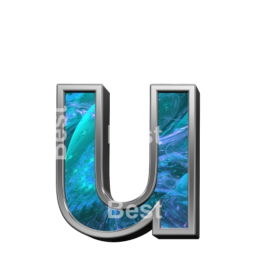 One lower case letter from blue fractal with shiny silver frame alphabet set, isolated on white.