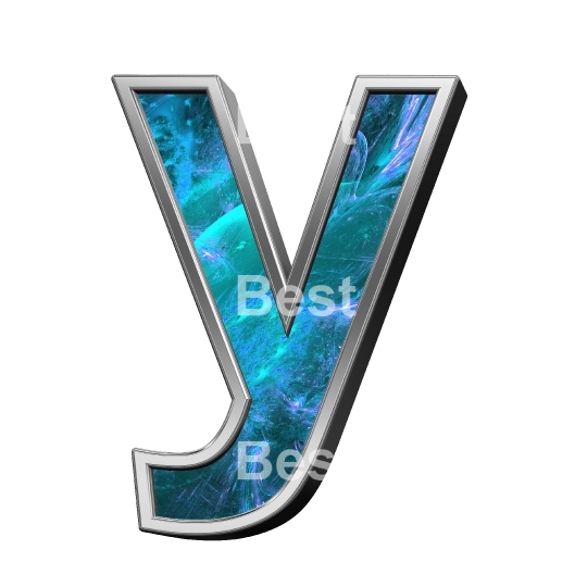 One lower case letter from blue fractal with shiny silver frame alphabet set, isolated on white.