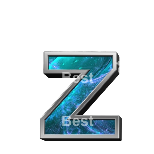 One lower case letter from blue fractal with shiny silver frame alphabet set, isolated on white.