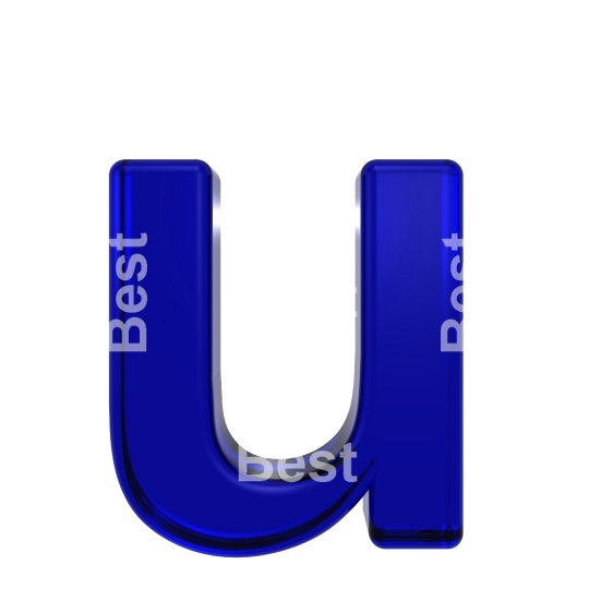 One lower case letter from blue glass alphabet set, isolated on white.