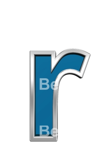 One lower case letter from blue glass with chrome frame alphabet set, isolated on white. 