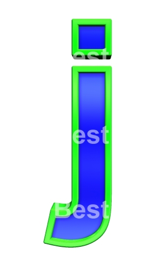 One lower case letter from blue glass with green frame alphabet set, isolated on white. 