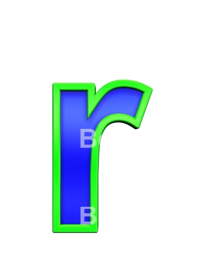 One lower case letter from blue glass with green frame alphabet set, isolated on white. 