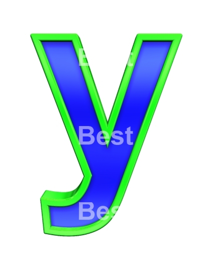 One lower case letter from blue glass with green frame alphabet set, isolated on white. 