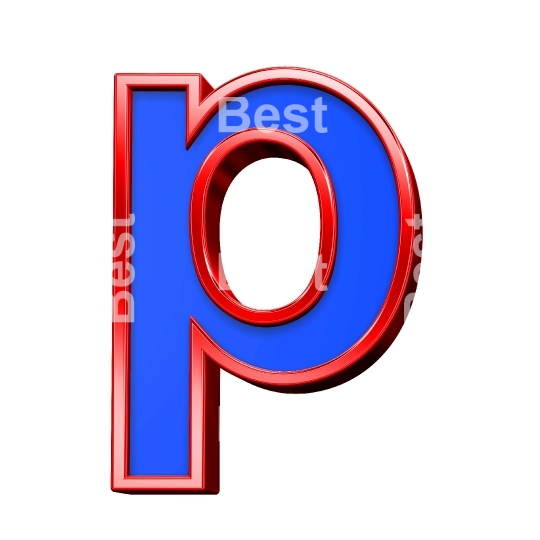 One lower case letter from blue glass with red frame alphabet set, isolated on white. 