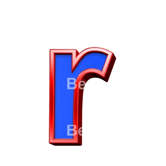 One lower case letter from blue glass with red frame alphabet set, isolated on white. 