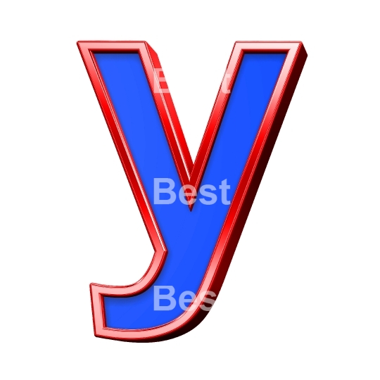 One lower case letter from blue glass with red frame alphabet set, isolated on white. 