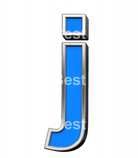 One lower case letter from blue with silver frame alphabet set, isolated on white. 
