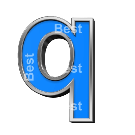 One lower case letter from blue with silver frame alphabet set, isolated on white. 