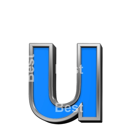 One lower case letter from blue with silver frame alphabet set, isolated on white. 
