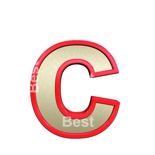 One lower case letter from brushed gold with red frame alphabet set, isolated on white. 