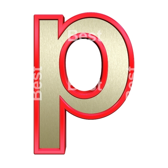One lower case letter from brushed gold with red frame alphabet set, isolated on white. 
