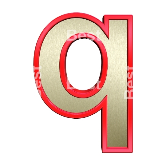 One lower case letter from brushed gold with red frame alphabet set, isolated on white. 