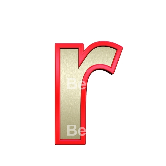 One lower case letter from brushed gold with red frame alphabet set, isolated on white. 