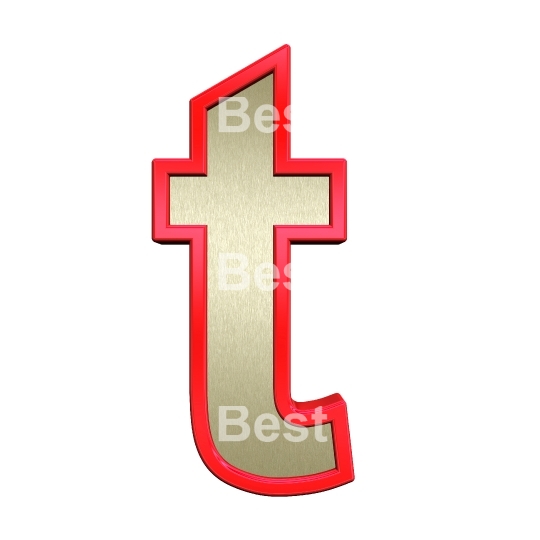 One lower case letter from brushed gold with red frame alphabet set, isolated on white. 