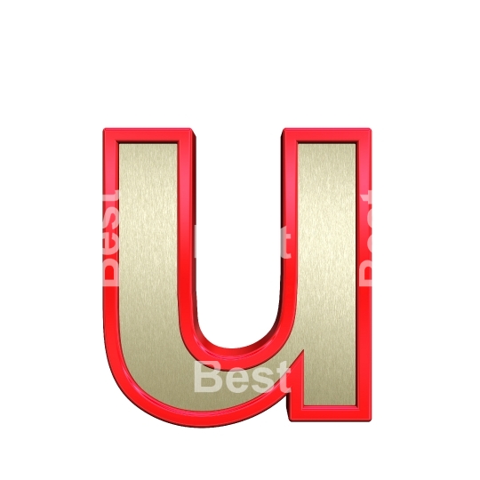 One lower case letter from brushed gold with red frame alphabet set, isolated on white. 