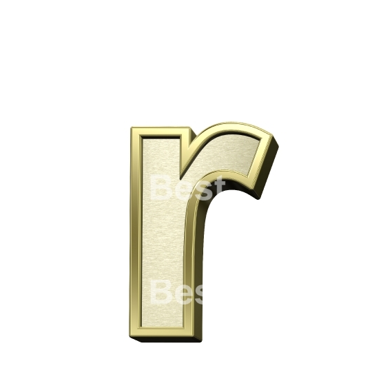 One lower case letter from brushed gold with shiny frame alphabet set, isolated on white.