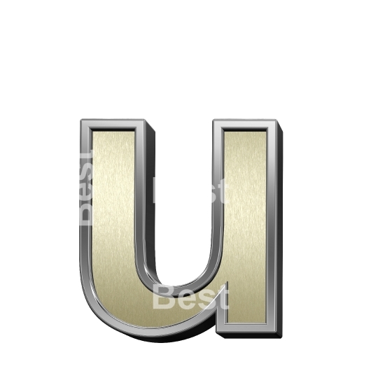 One lower case letter from brushed gold with shiny silver frame alphabet set, isolated on white.