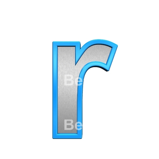 One lower case letter from brushed silver with blue frame alphabet set, isolated on white. 