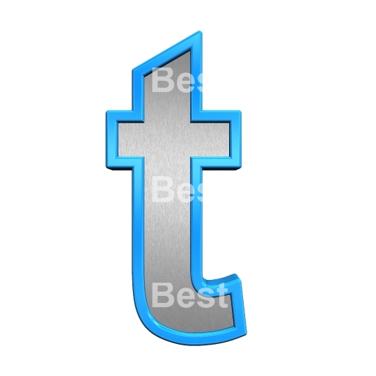 One lower case letter from brushed silver with blue frame alphabet set, isolated on white. 